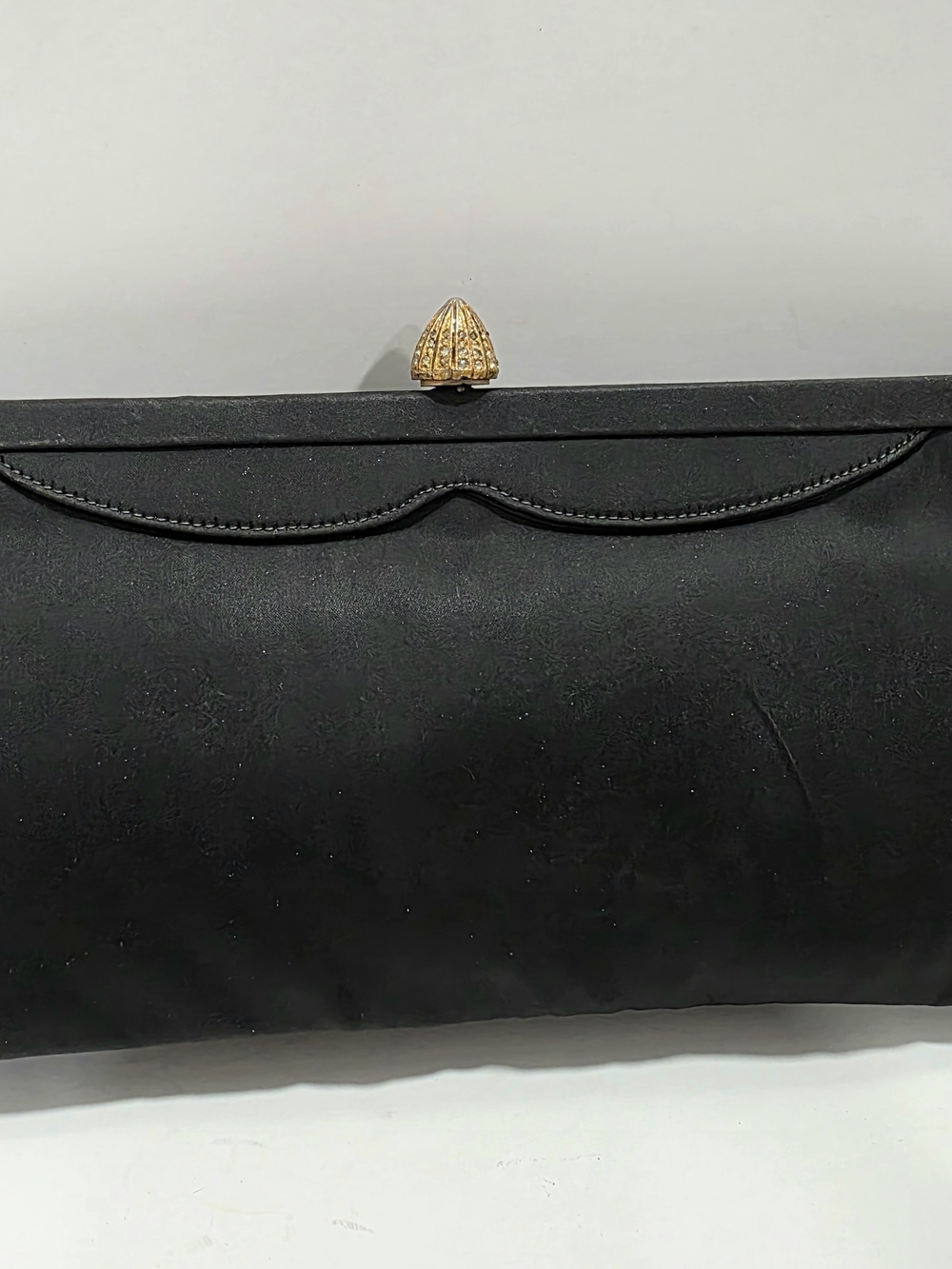 Vintage Black Satin Women's Clutch Handbag with Gold Rhinestone Accent